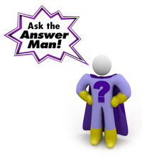 Figure in purple cape saying, "Ask the Answer Man!"