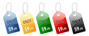 five price tags that say Only $9.95