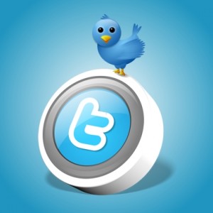Twitter bird standing atop a Twitter button