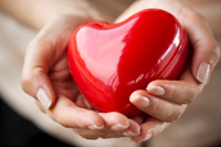 Woman's hands holding a red plastic heart