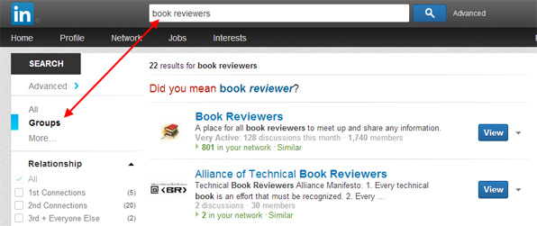 How to find Groups of book reviewers on LinkedIn by searching Groups