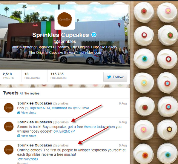 Sprinkles Cupcakes which tweets a "whisper campaign" for free publicity