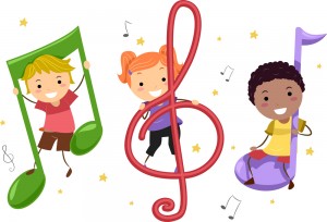 illustration of kids sitting on musical notes