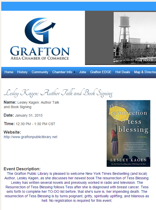 Grafton Chamber of Commerce promo for Lesley Kagen book signing